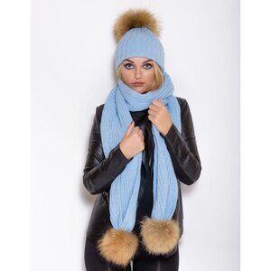 Icy Blue Fur Pom Pom Beanie Hat + Scarf Set - Removable via snap buttons